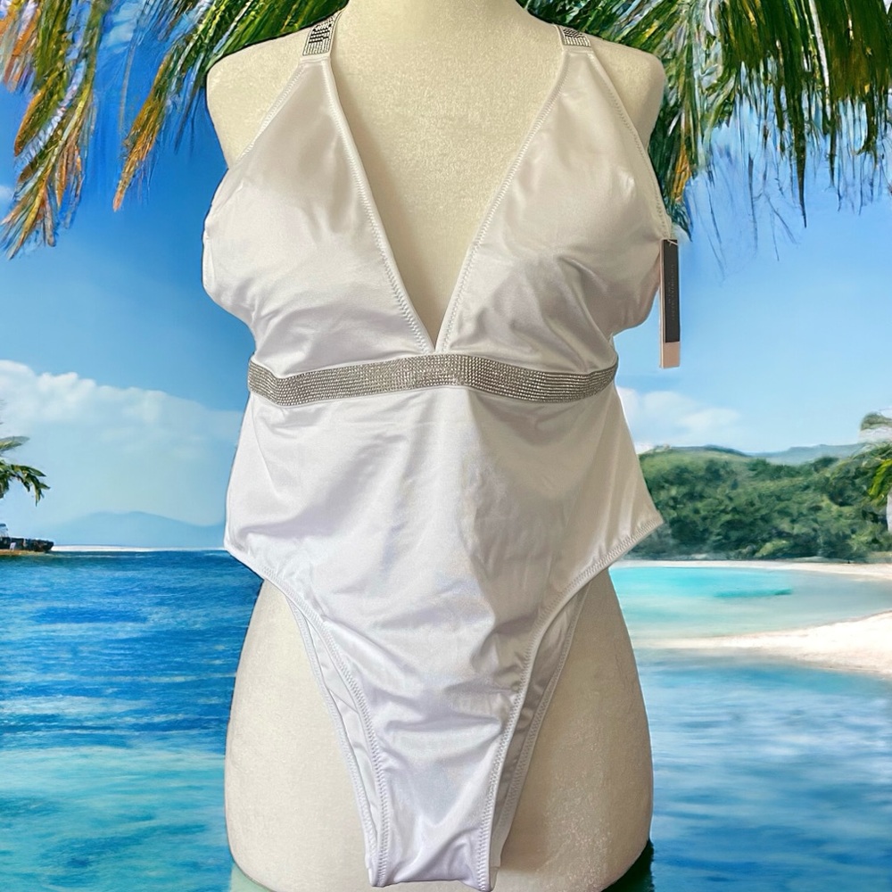 Victoria’s Secret Shine Plunge One Piece Swimsuit Size Medium White Rhinestones
